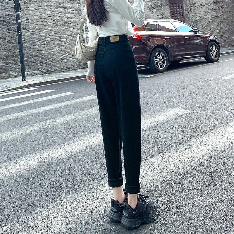 黑色哈伦牛仔裤女秋冬季2024年新款高腰显瘦百搭九分萝卜老爹裤女