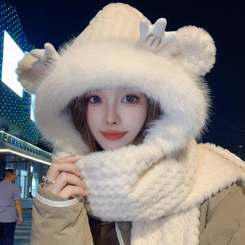 秋冬季2023新款帽子围巾一体女冬天保暖毛绒手套三件套可爱连帽潮