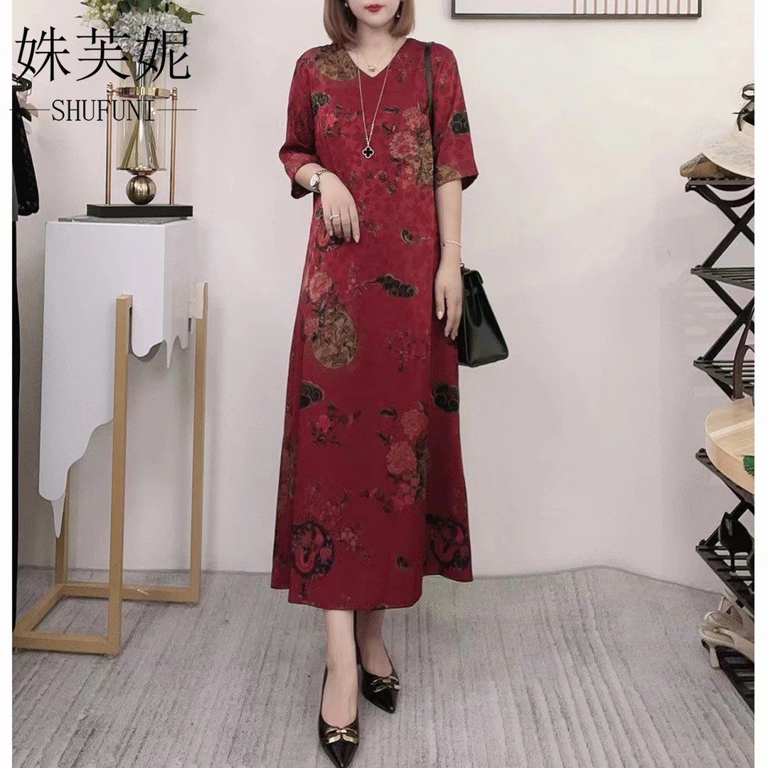 【姝芙妮】高品质花好月圆牡丹花v领连衣裙8613