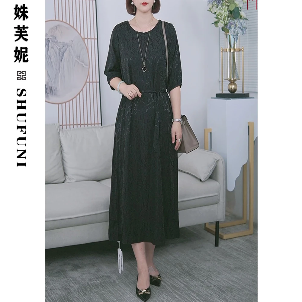 姝芙妮高品质黑色双喜玫瑰花圆领系带短袖连衣裙859