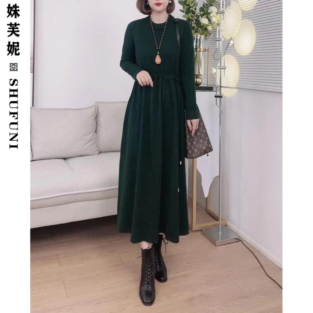 【姝芙妮】高品质小立领气质显瘦墨绿色暗纹题花连衣裙SFN06632