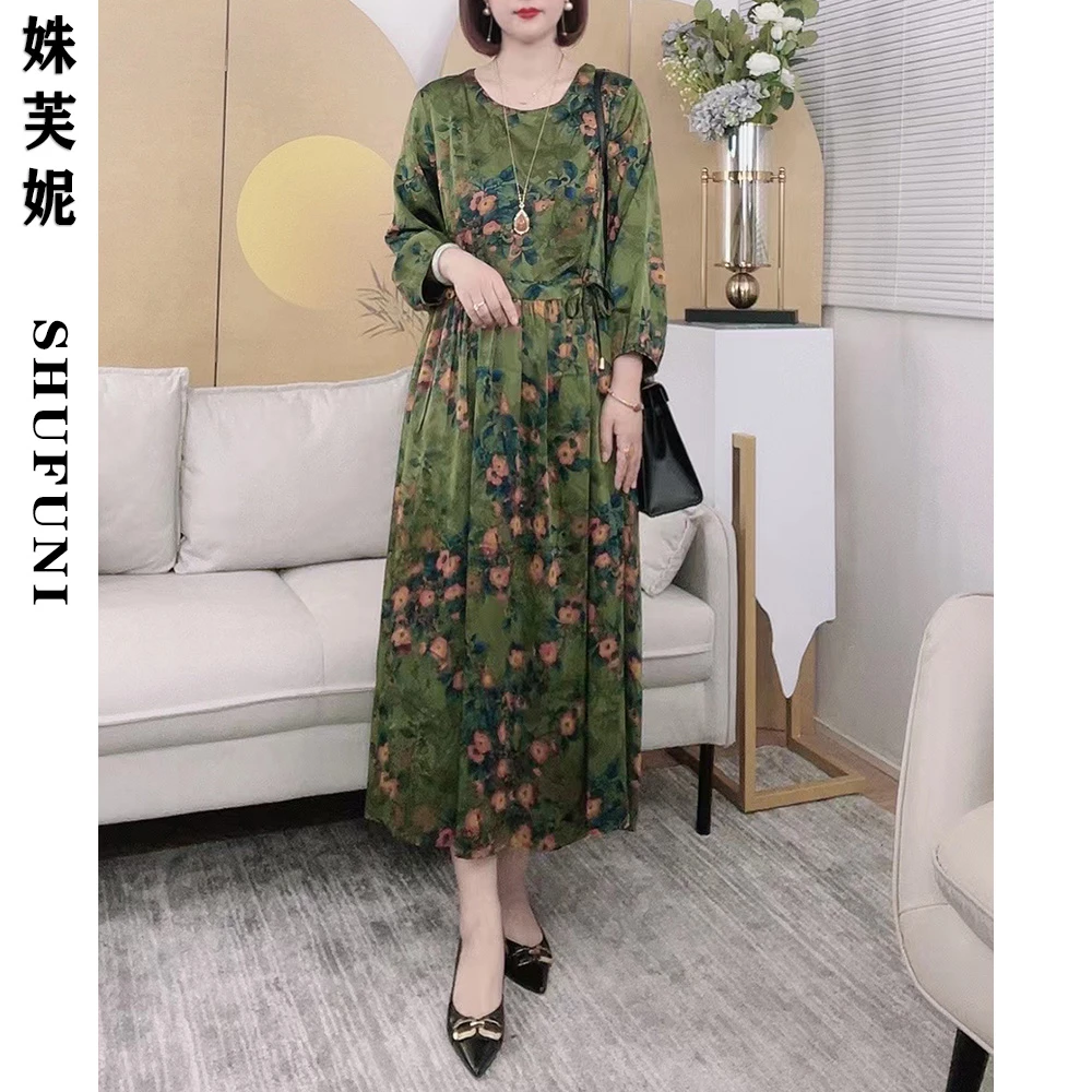 【姝芙妮】高品质复古绿杏花满园圆领系带连衣裙99882