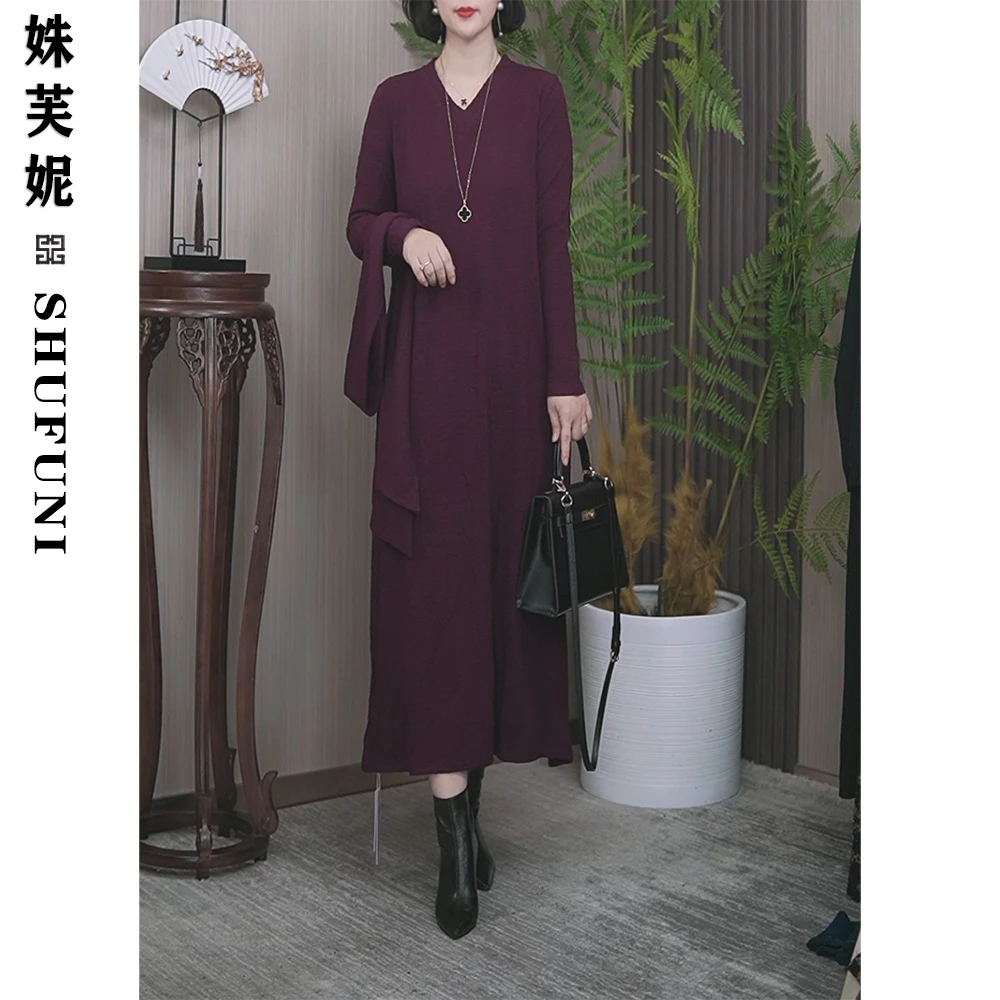 【姝芙妮】高品质V领气质显瘦立体字母长款连衣裙SFN1515带围巾紫