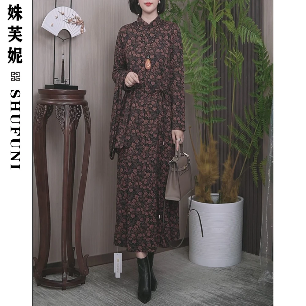 【姝芙妮】高品质气质国风立领长款连衣裙SFN1518围巾藏青橘小花