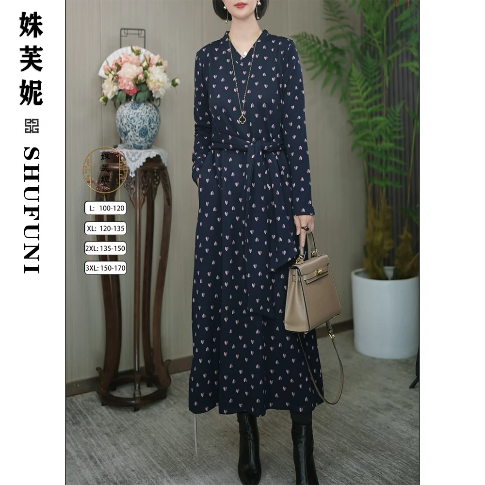 【姝芙妮】高品质V领气质显瘦立体提花长款连衣裙1515藏青蓝粉桃心