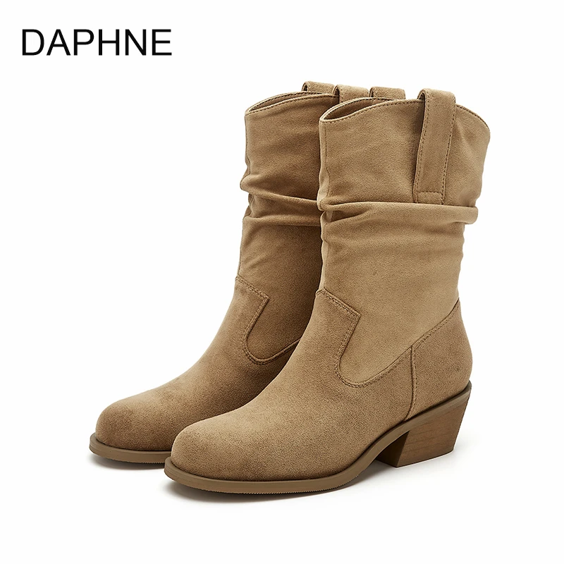 达芙妮时尚短靴女2024秋冬新款中筒中跟保暖百搭潮流英伦风潮靴女