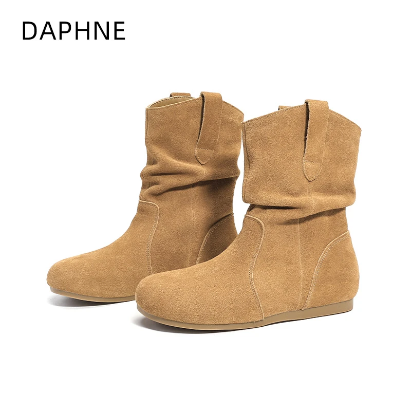 达芙妮时尚短靴女2024冬季新款中筒平底保暖百搭潮流英伦风潮靴女