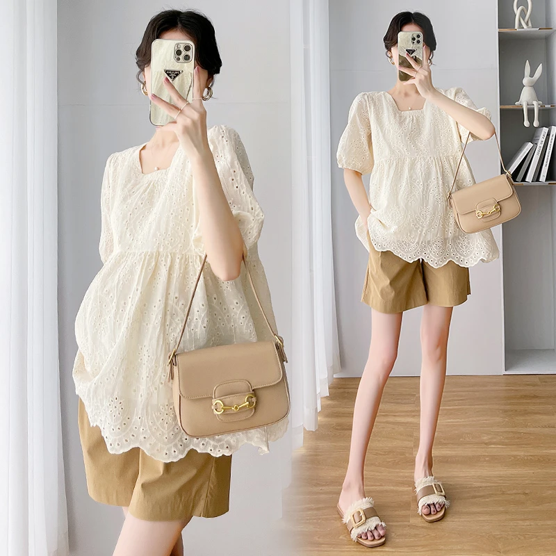 孕妇衬衫2025小个子夏季时尚气质甜美镂空蕾丝上衣+托腹短裤套装