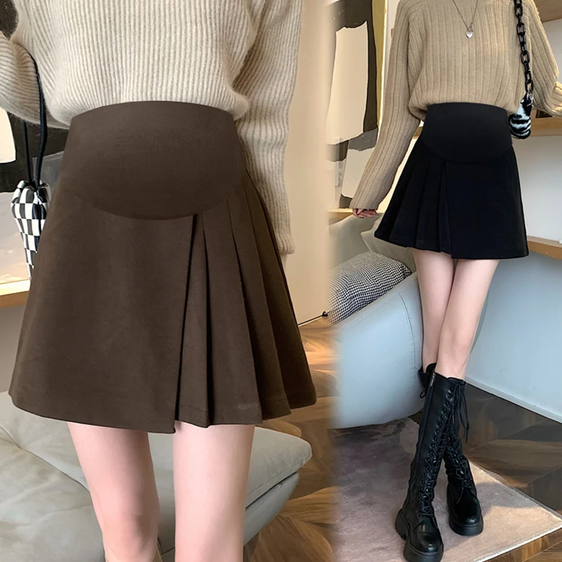 孕妇半身裙秋冬时尚外穿高腰显瘦百搭洋气毛呢压褶裙网红A字短裙