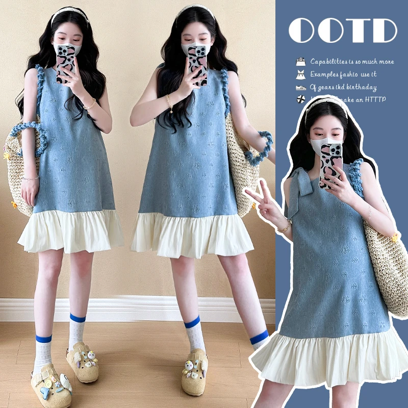 孕妇连衣裙小个子夏季韩版时尚提花重工法式花朵蝴蝶结背心连衣裙