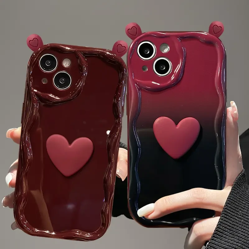 适用苹果15手机壳iPhone14promax酒红渐变爱心耳朵华为mate60Pro