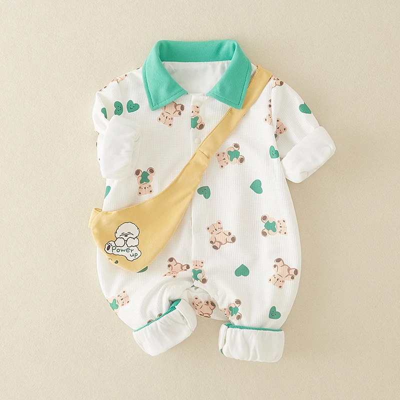 男宝宝秋装连体衣韩版双层长袖卡通爬爬服新生儿春秋满月外出服