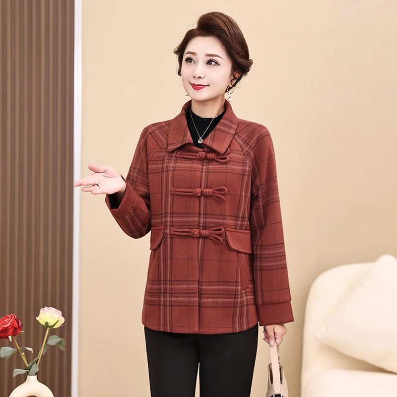 妈妈秋冬毛呢外套2024秋冬季新款中老年女装洋气翻领长袖宽松上衣