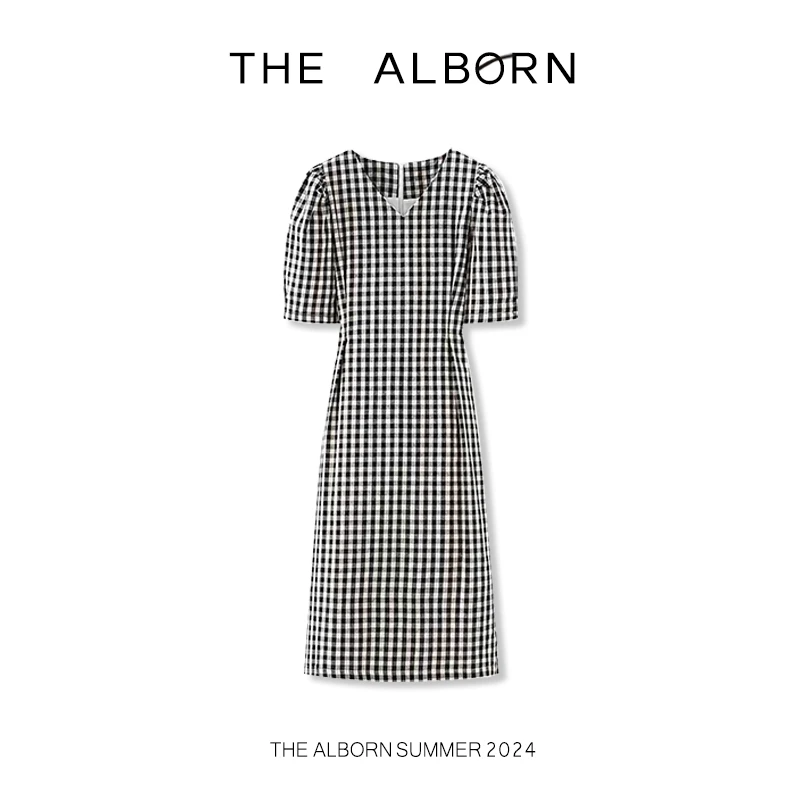 【不退不换】法式复古棉麻黑白格子连衣裙
