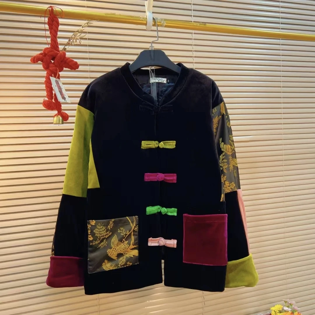猫家YZM新中式国风复古拼接加棉丝绒外套6770