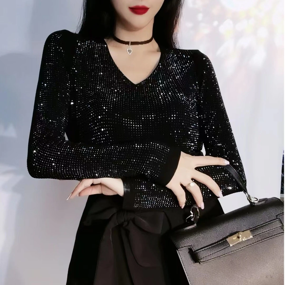 秋冬修身打底衫满钻洋气衣服女长袖收腰上衣烫钻时尚内搭显瘦T恤