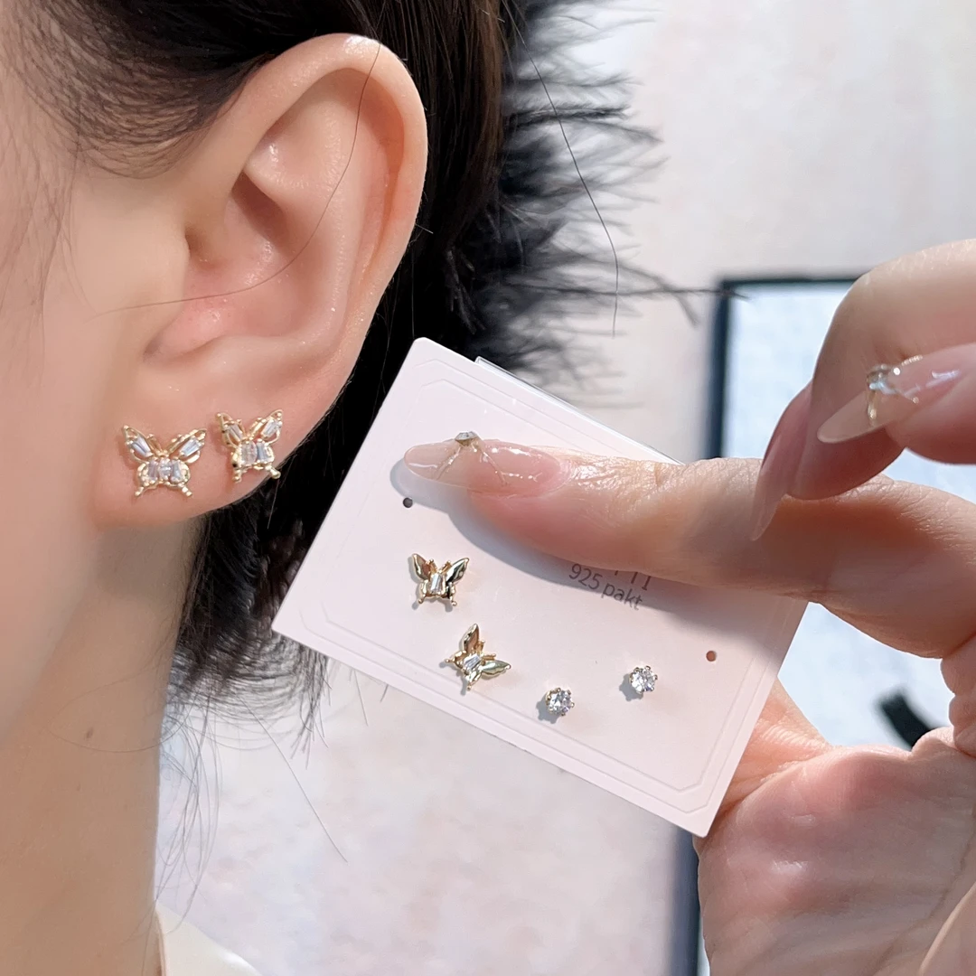 925银针小仙女森系蝴蝶耳钉气质优雅精致百搭三对组合装-473