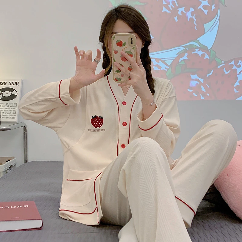 【春夏-米白草莓2-9月份】月子服哺乳喂奶衣孕妇纯棉睡衣家居服