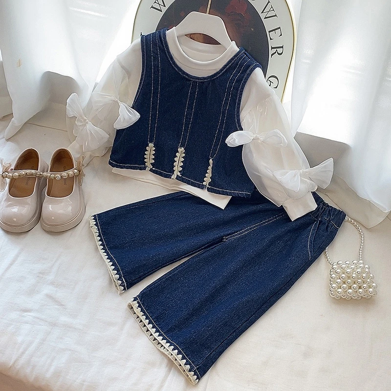 女童装仿牛仔三件套装2025秋季新款韩系女孩春秋装洋气儿童阔腿裤