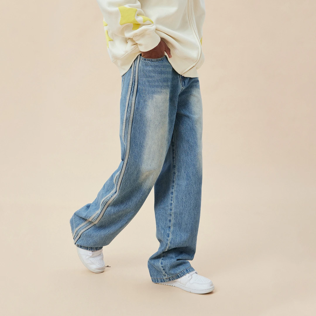 A11SLAVE国潮基础拼接牛仔裤男士夏季美式复古oversize休闲直筒裤