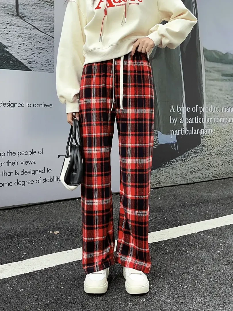 直筒格子裤女春夏复古慵懒拖地直筒裤高腰垂感窄版瘦版阔腿裤子