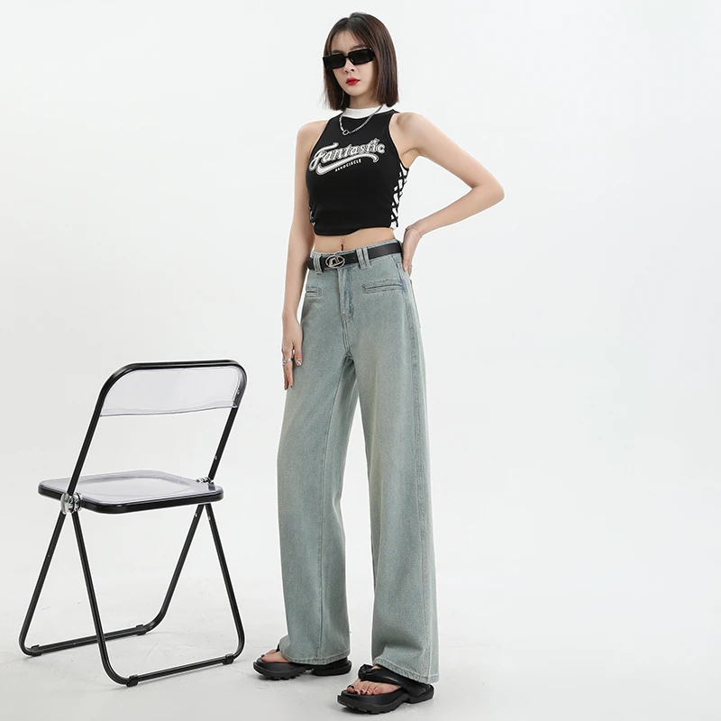 窄版阔腿牛仔裤女新款2024春季星空纹高腰显瘦宽松垂感浅色直筒裤