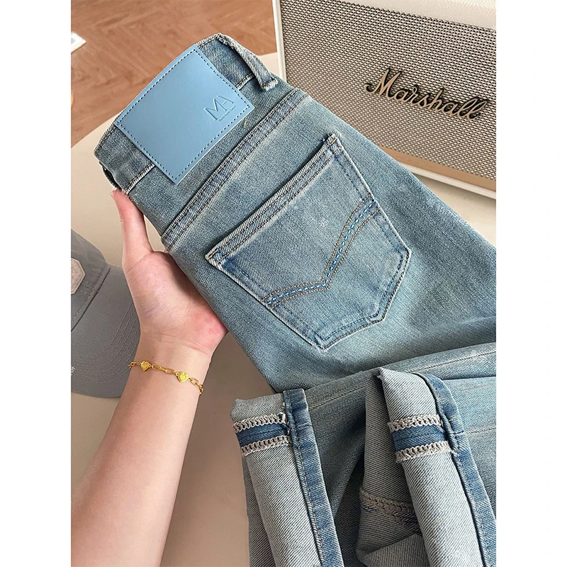 窄版直筒九分牛仔裤女爆款2025春季新款显瘦小个子浅色烟管裤子女