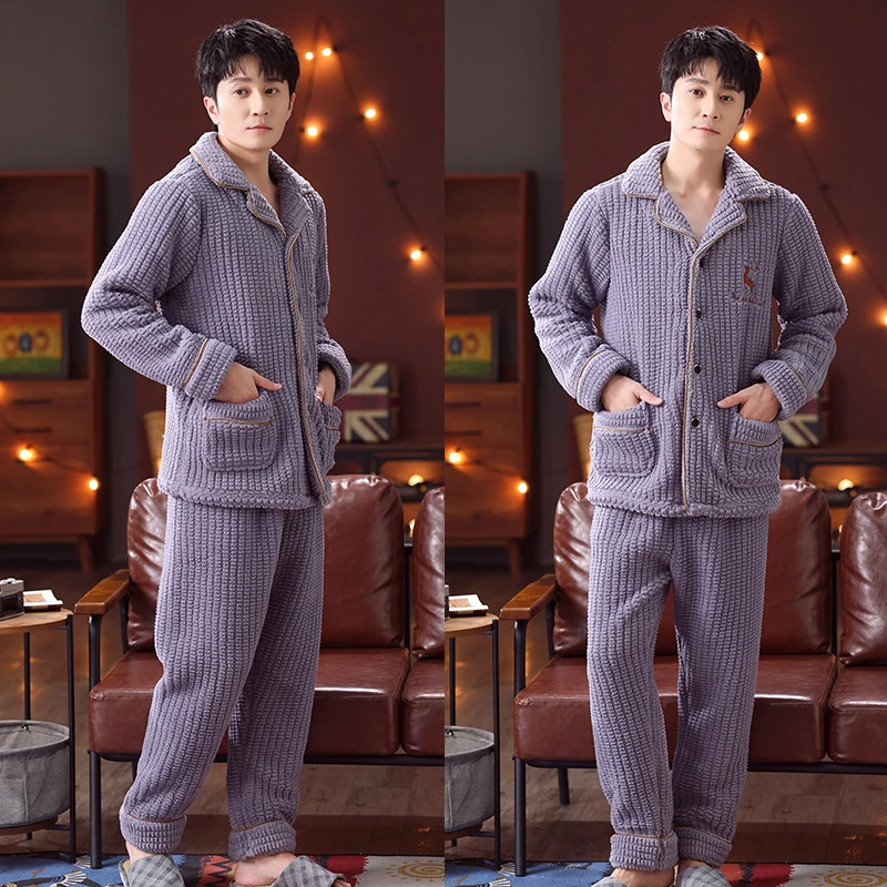 秋冬保暖男士睡衣加绒加厚保暖大码中老年冬款家居服套装爸爸装