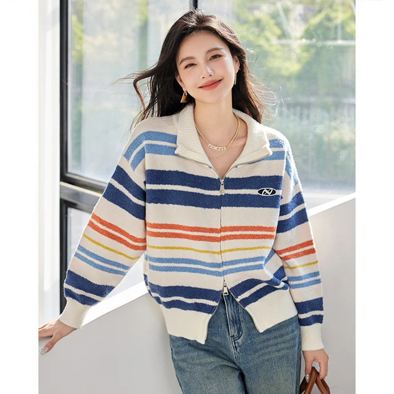 彩虹条纹复古针织衫女秋季款设计感双拉链毛衣慵懒风翻领百搭上衣