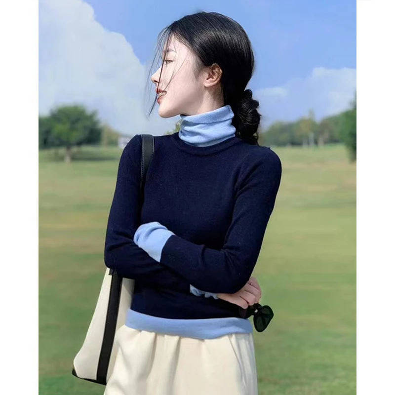 韩版假两件堆堆领长袖针织衫春季新款简约百搭宽松显瘦长袖打底衫