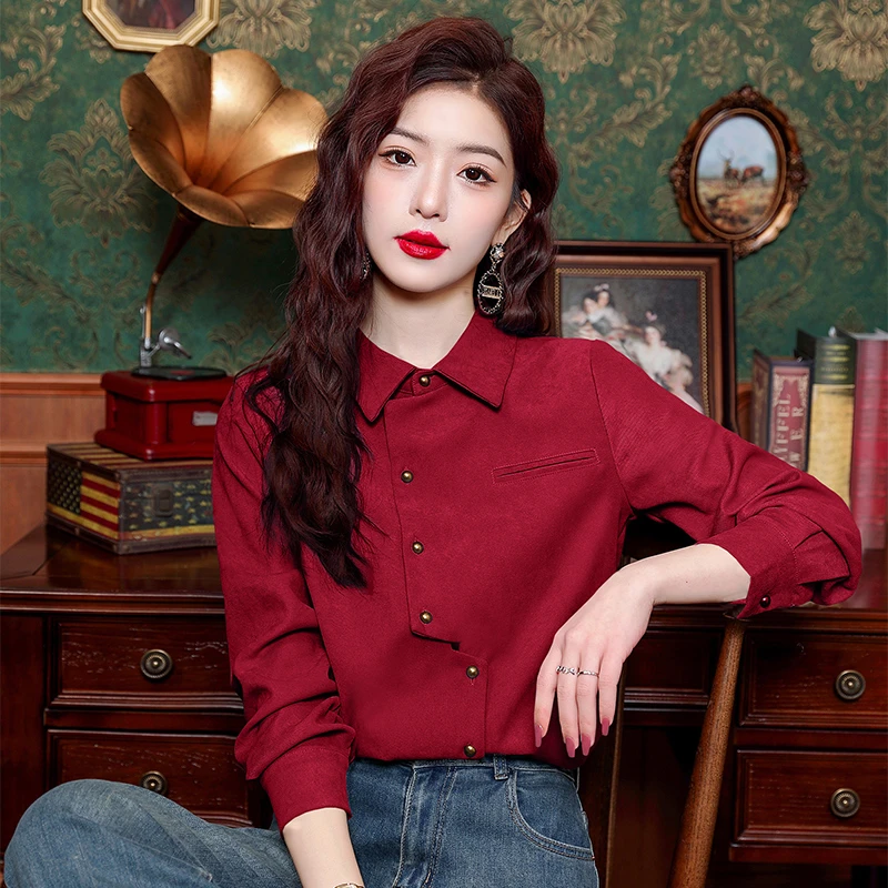韩版长袖翻领磨毛衬衫春季新款洋气设计感气质百搭高级感内搭上衣