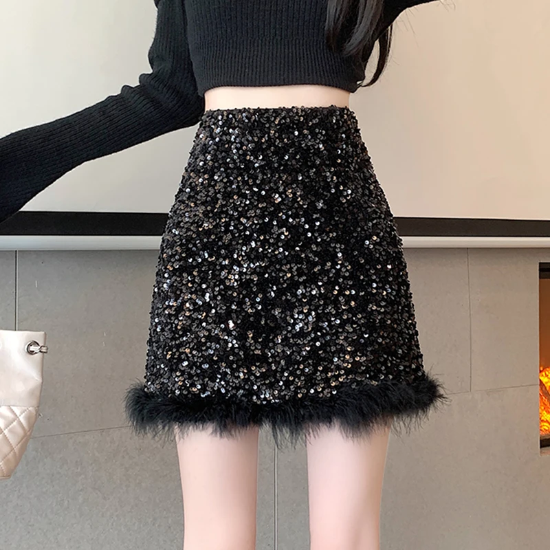 法式丝绒亮片毛毛半身裙女秋冬新款高腰显瘦防走光A字裙包臀短裙