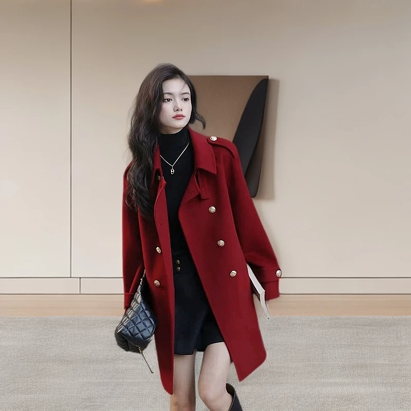 法式翻领双排扣双面呢外套女春季新款小个子气质中长款呢子大衣