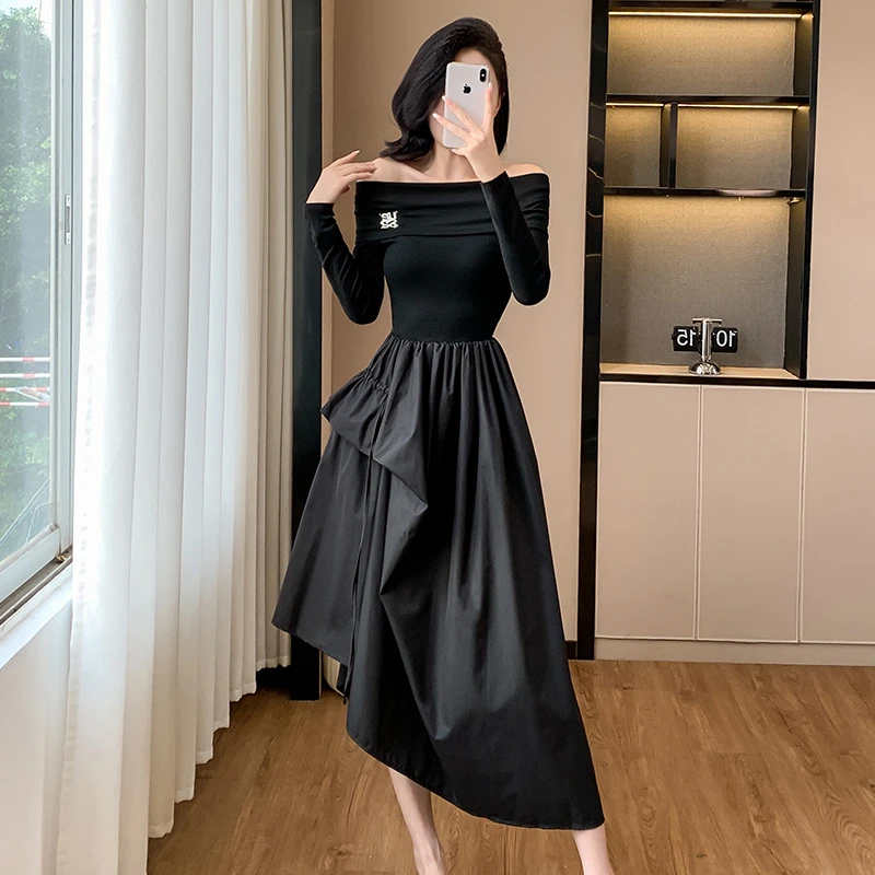 法式轻奢高级感拼接一字肩连衣裙女士秋季新款赫本风气质显瘦长裙