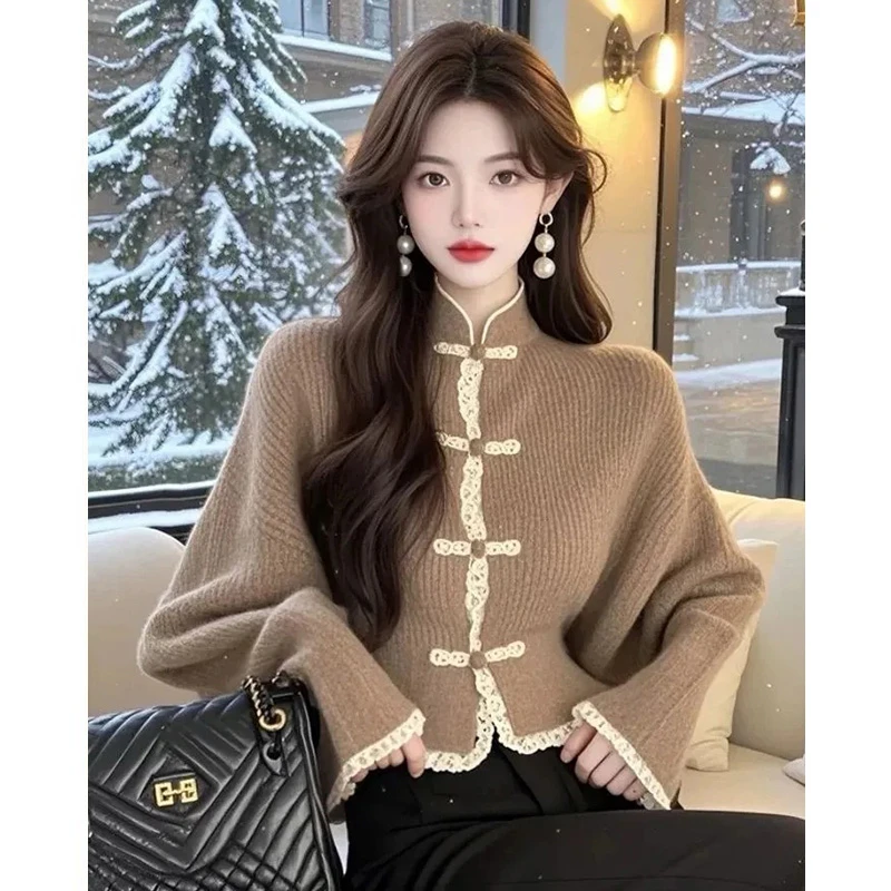 新中式国风毛衣女春季新款盘扣高级感气质小众收腰长袖针织衫上衣