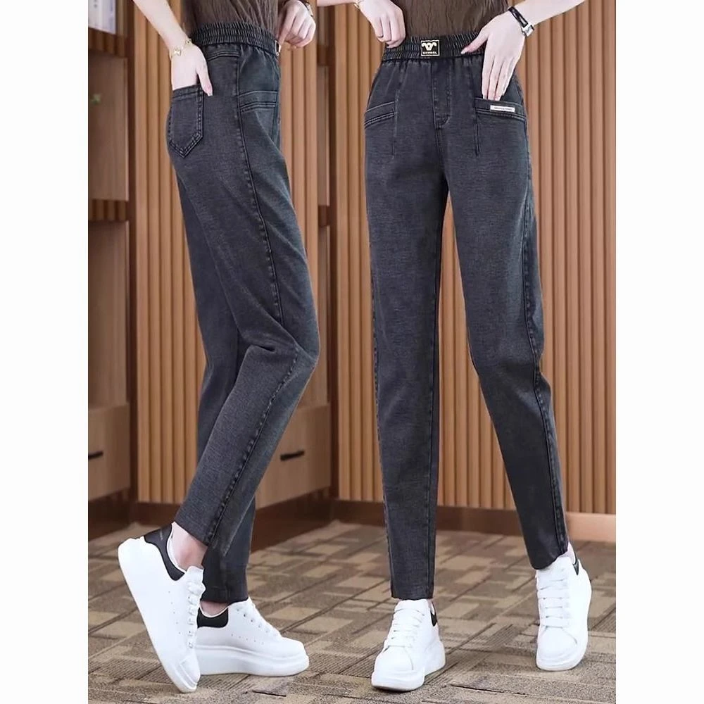 老爹裤女款2025春秋小个子直筒高腰牛仔裤女显瘦松紧腰萝卜哈伦裤