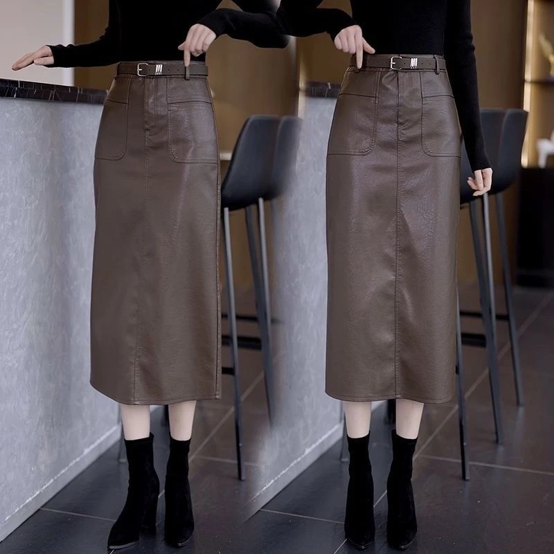 2025新款秋冬裙子pu皮裙半身裙高腰中长款直筒一步包臀裙中长裙女