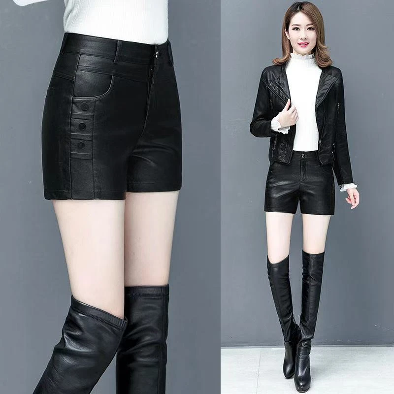 PU皮短裤女秋冬季2025新款高腰百搭洋气時尚阔腿皮裤大码靴裤外穿