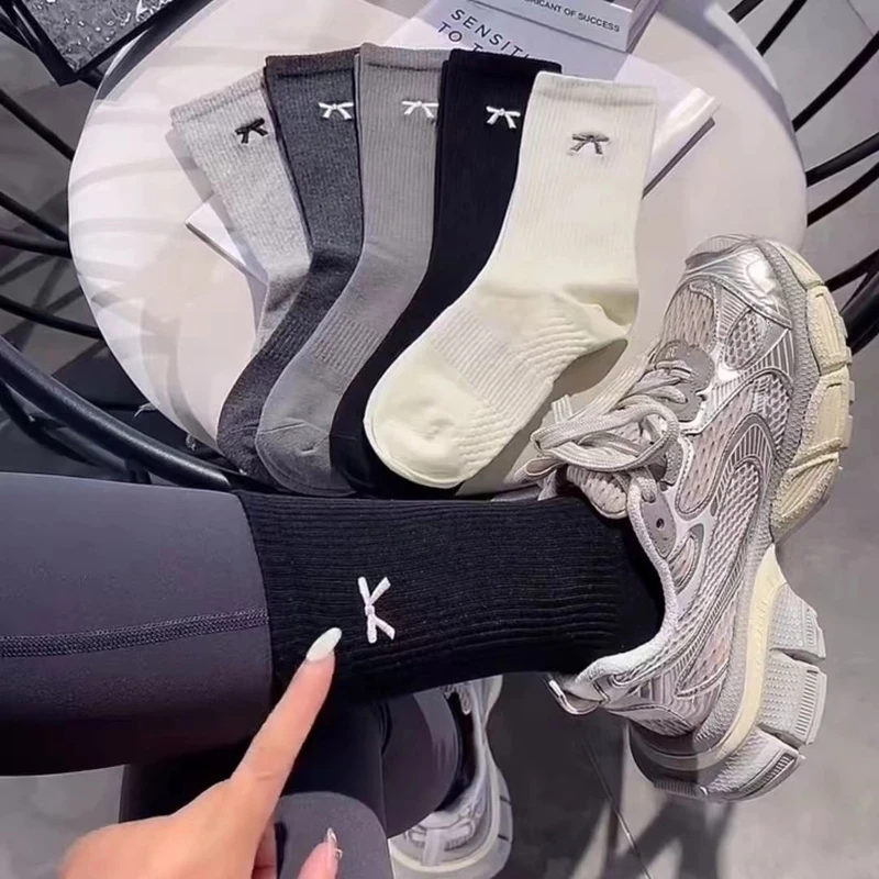 袜子女长袜加厚蝴蝶结纯棉袜秋冬新款时尚潮流百搭格雷色系长筒袜