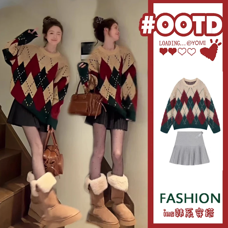 孕妇装美式复古圣诞格秋冬慵懒风毛衣配针织调节带百褶半身裙套装