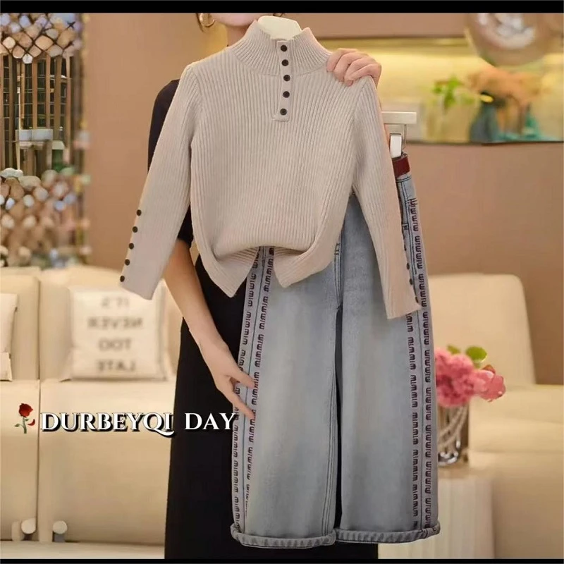 女童半高领加绒毛衣牛仔裤套装2024新款加厚针织衫内搭字母阔腿裤