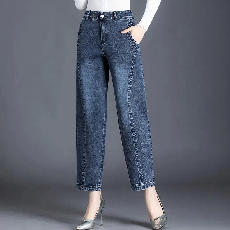 牛仔裤女2024春季新款阔腿高腰显瘦休闲裤宽大码松妈妈九分萝卜裤