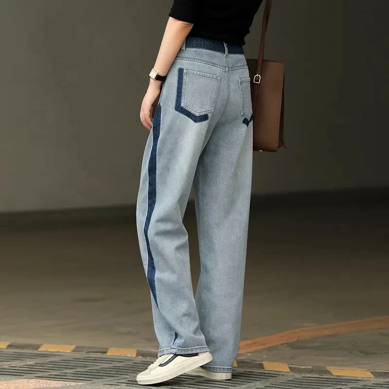 宽松牛仔裤女浅蓝侧条休闲撞色直筒长裤女高腰显瘦潮2024年春秋款