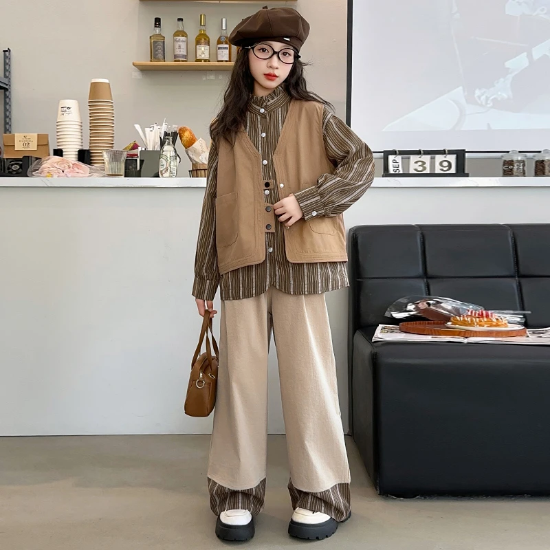 女童秋装套装2024新款儿童洋气马甲衬衫休闲韩系大童阔腿裤三件套