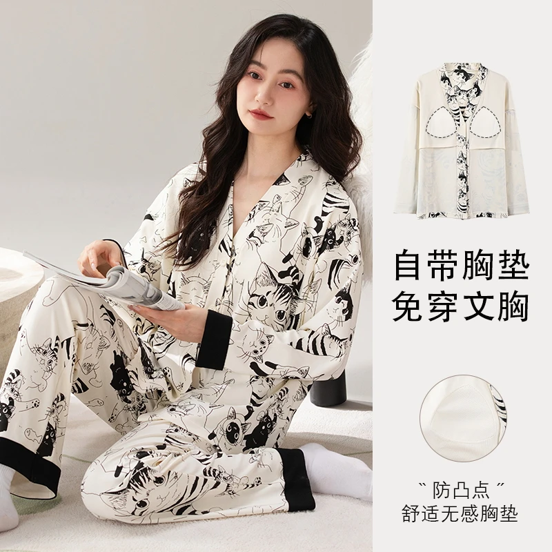 春秋季睡衣女士自带胸垫免穿文胸长袖开衫薄款家居服网红卡通套装