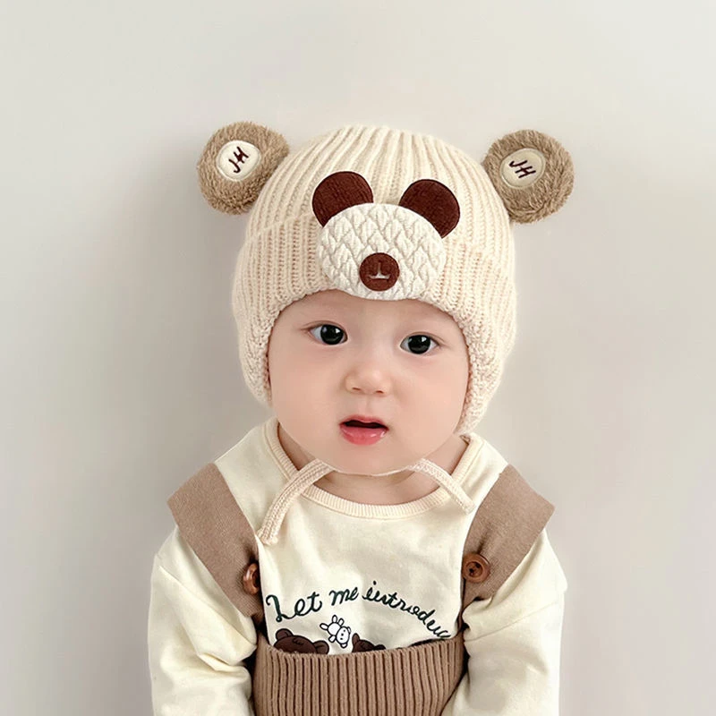 婴儿帽子秋冬款可爱超萌小熊毛线护耳帽小月龄男女宝宝加厚针织帽