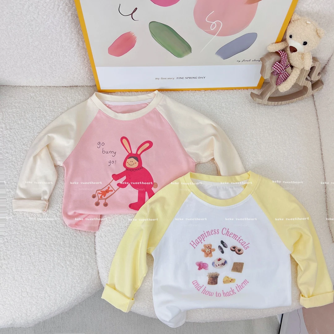 女童甜美可爱插肩袖拼色时髦长袖T恤新款韩版洋气女宝宝时尚上衣