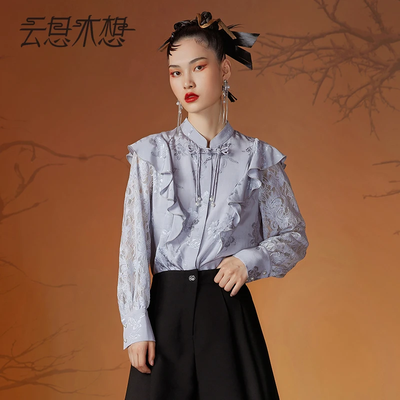 云思木想2023早秋新款设计感荷叶边蕾丝拼接时尚女士衬衫10783