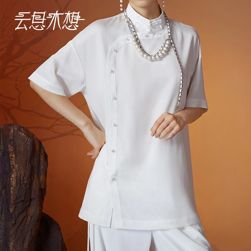 云思木想2023早秋新款中式手工盘扣立领宽松休闲女士衬衫10842