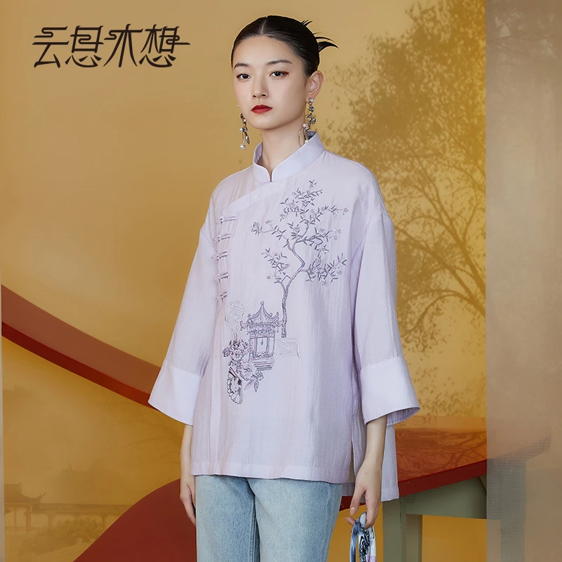 Ysimo-X云思木想2024夏季新款绣花中式盘扣斜襟国潮百搭衬衫11573